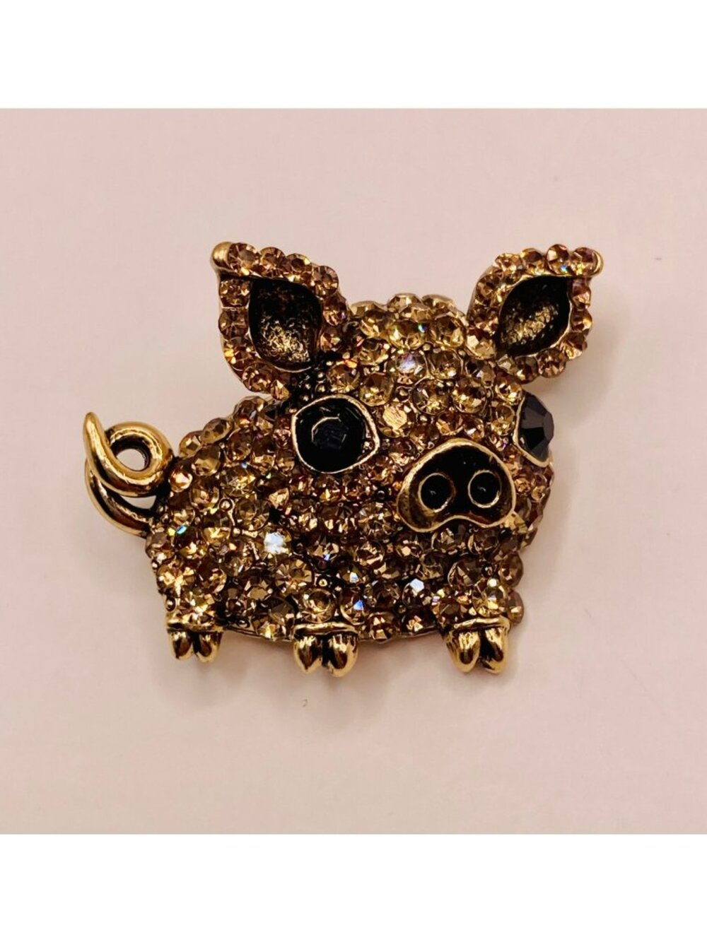 Gold-Tone Rhinestone Pig Brooch Pin Black Accents -109B